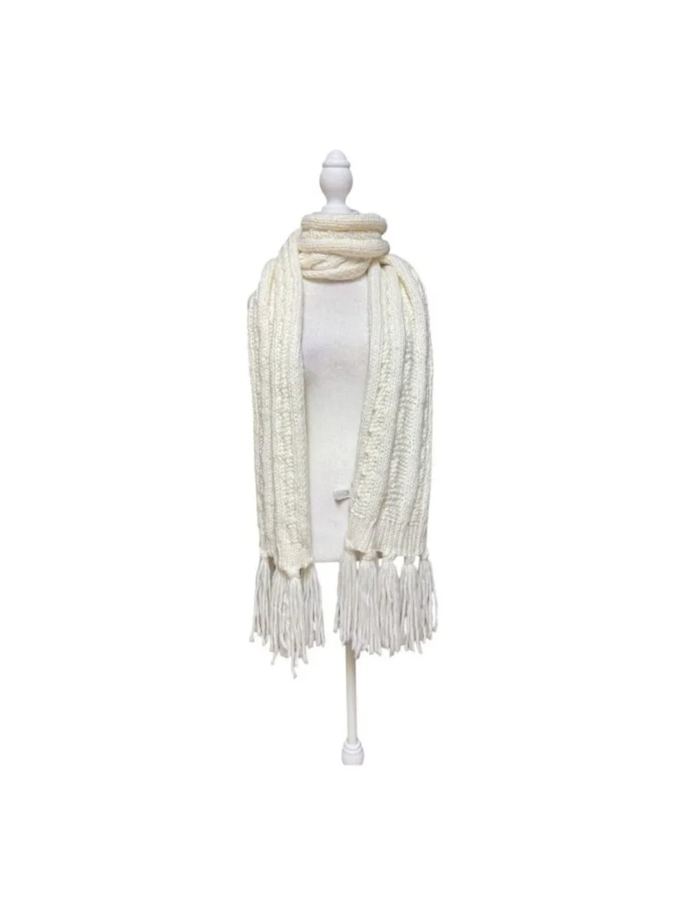 Michael Kors White Cable Knit Scarf Fringe Long Winter Acrylic 71” x 9”